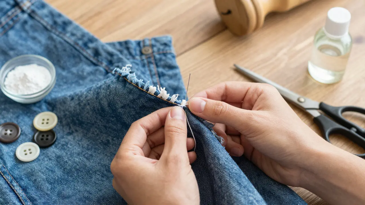 Hands sewing a frayed denim seam with thread and natural cleaning supplies nearby.