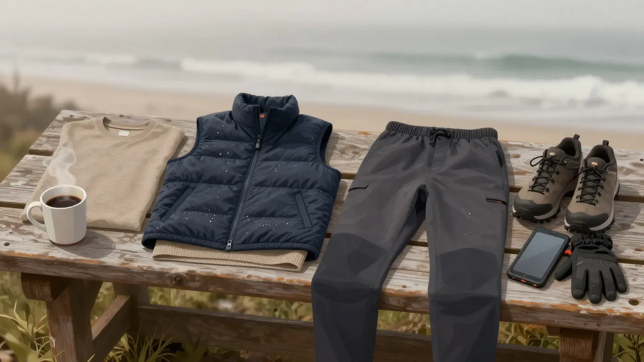 Layered fog-ready clothing laid out on a wooden bench with coffee mug, in muted earth tones.