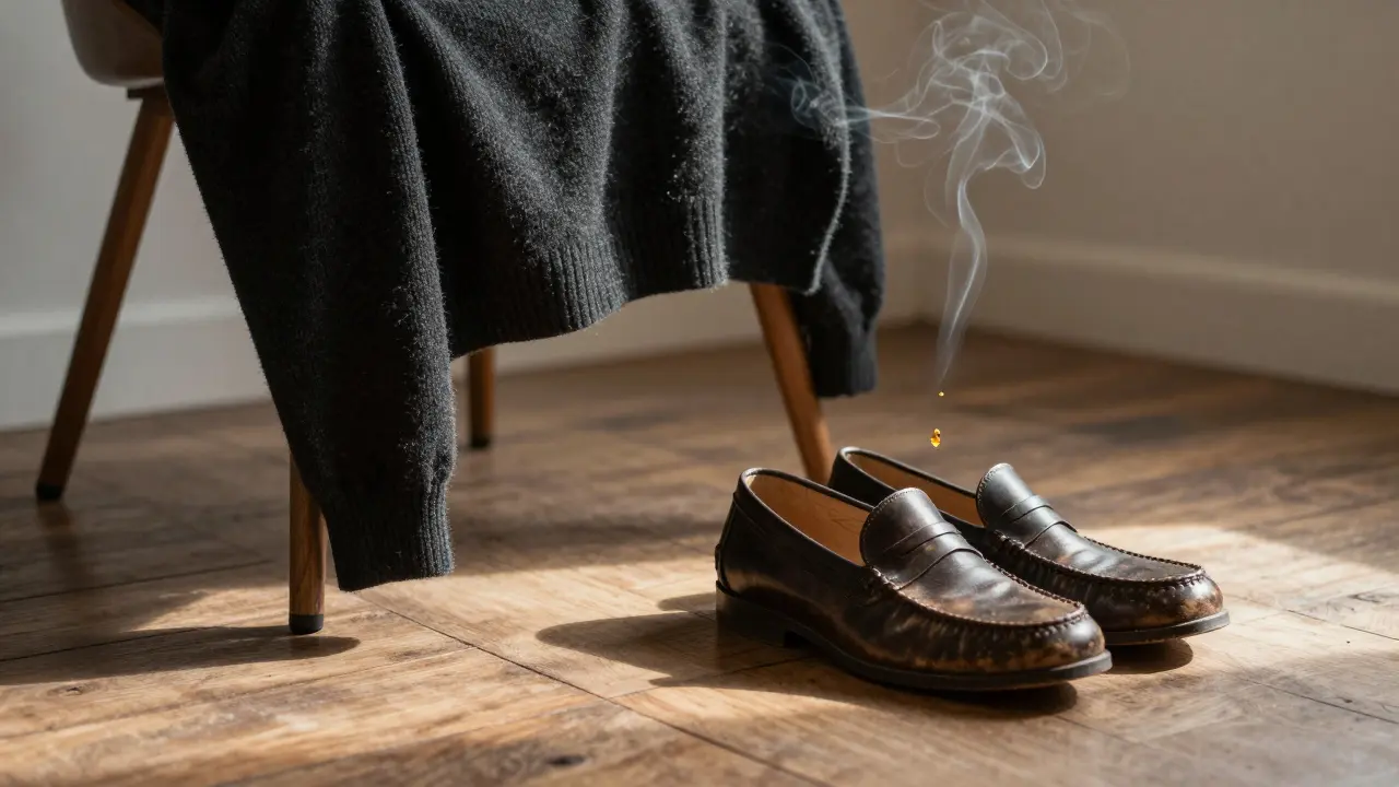 Leather loafers and a charcoal sweater on a wooden floor, with delicate earthy scent particles rising gently into the air.