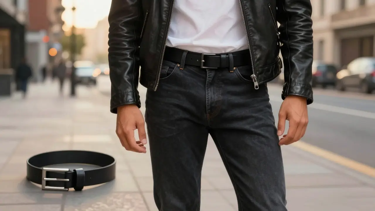 Man in jeans and jacket wearing a perfectly sized belt, with a wider belt discarded nearby.