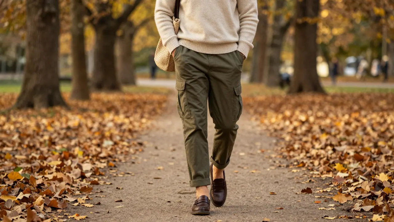 Man walking in autumn park wearing olive cargo pants and dark brown penny loafers.