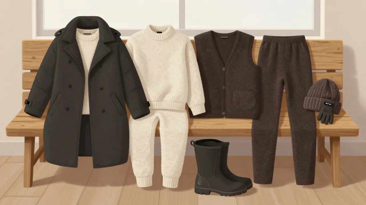 Minimalist arrangement of seven key winter wardrobe pieces on a wooden bench.