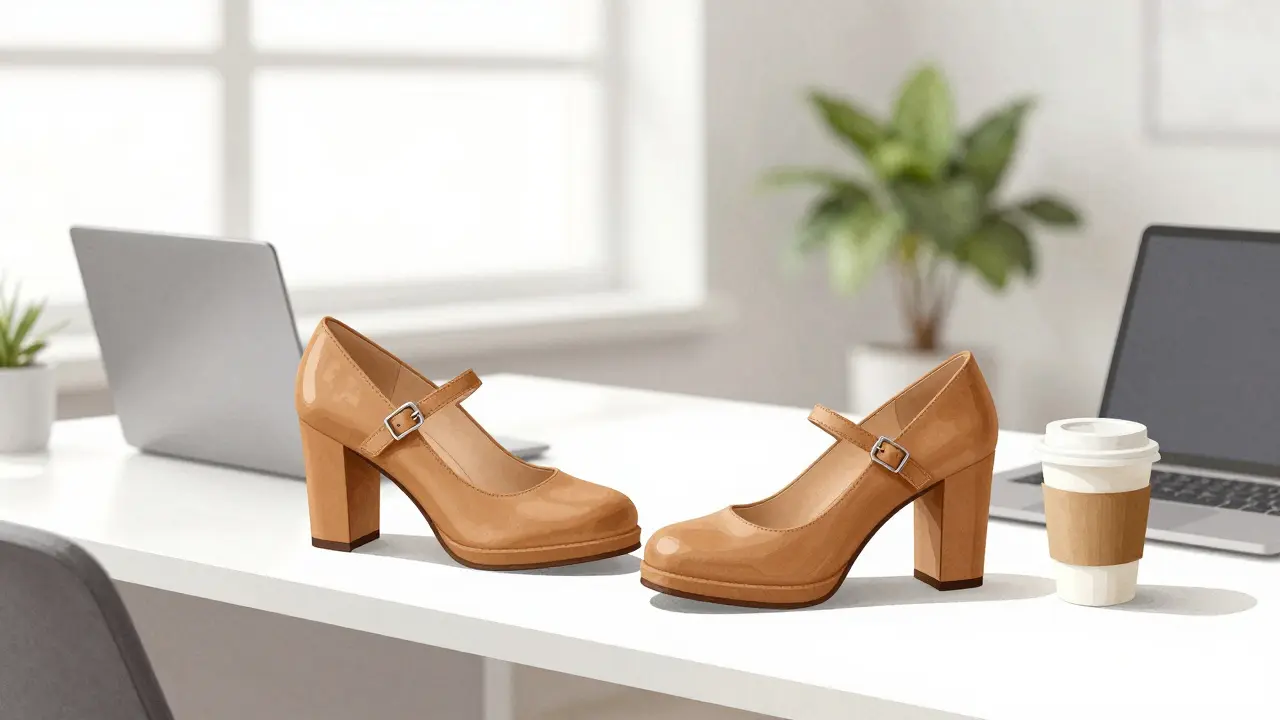 Minimalist office scene with camel heeled Mary Janes beside a laptop and coffee cup on a wooden desk.