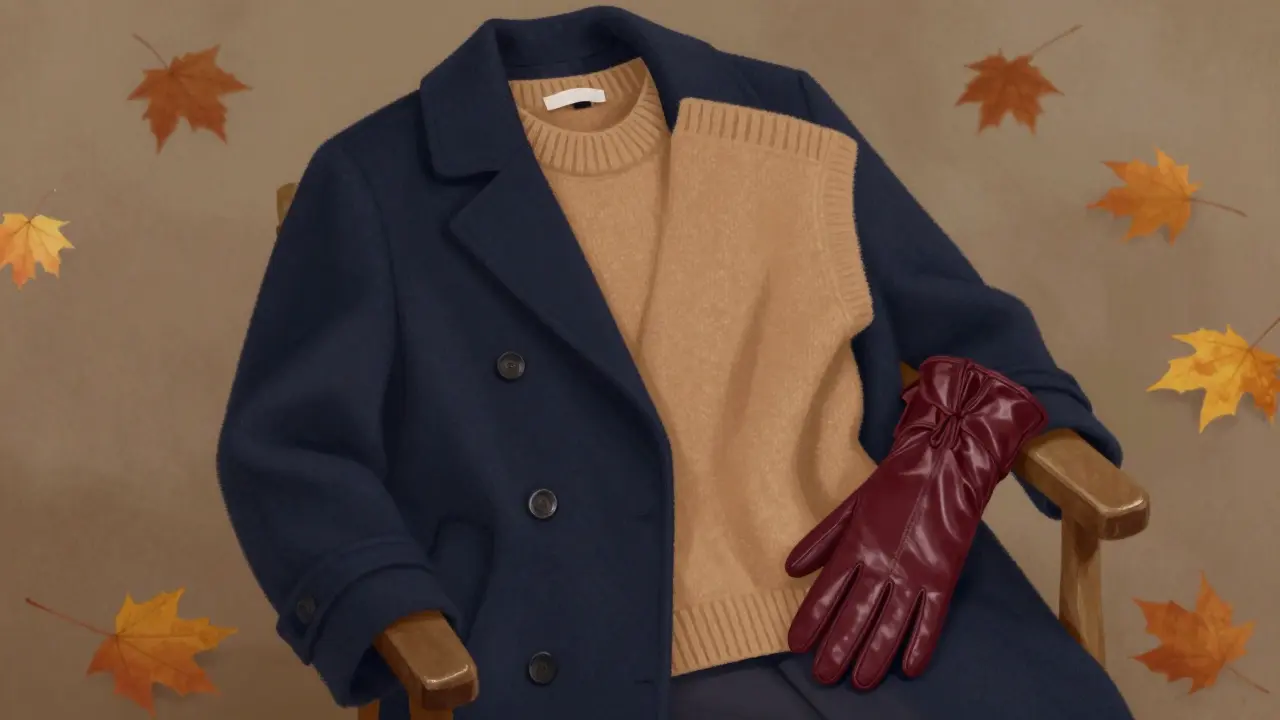 Navy coat, camel sweater, and burgundy gloves arranged on a chair with autumn leaves.