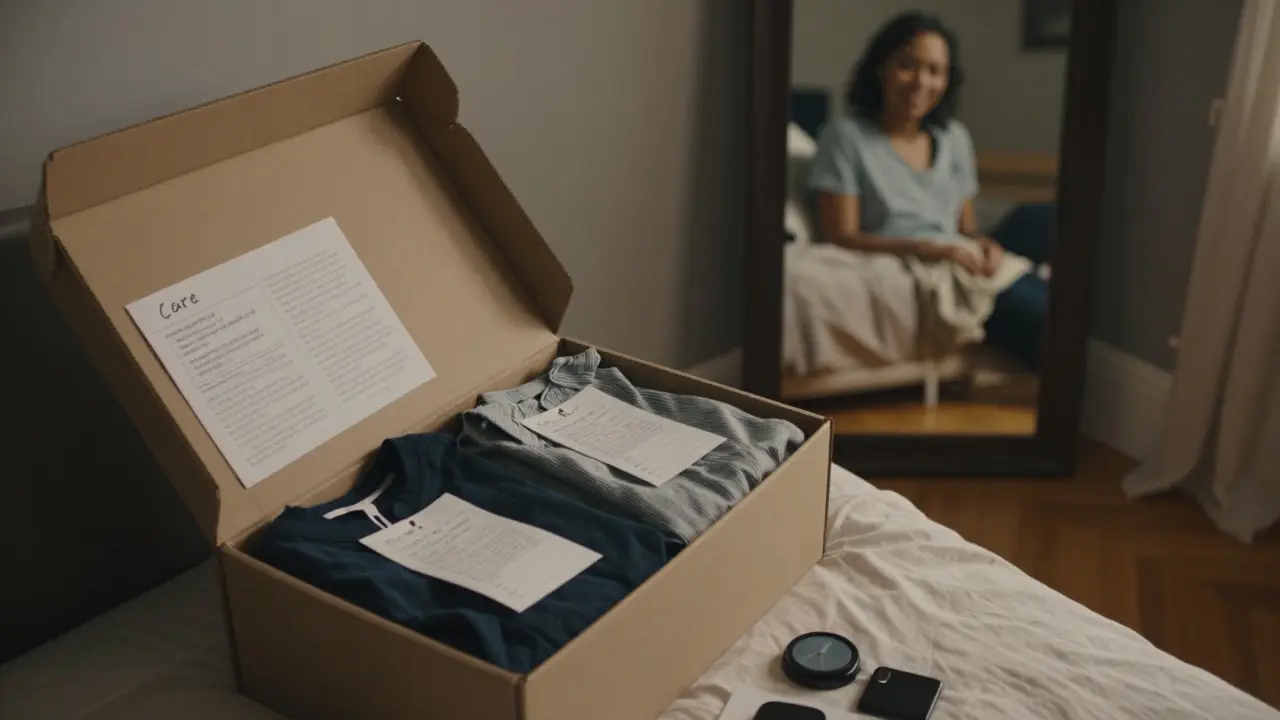 Opened styling box with handwritten notes and arranged outfits on a bedroom floor.