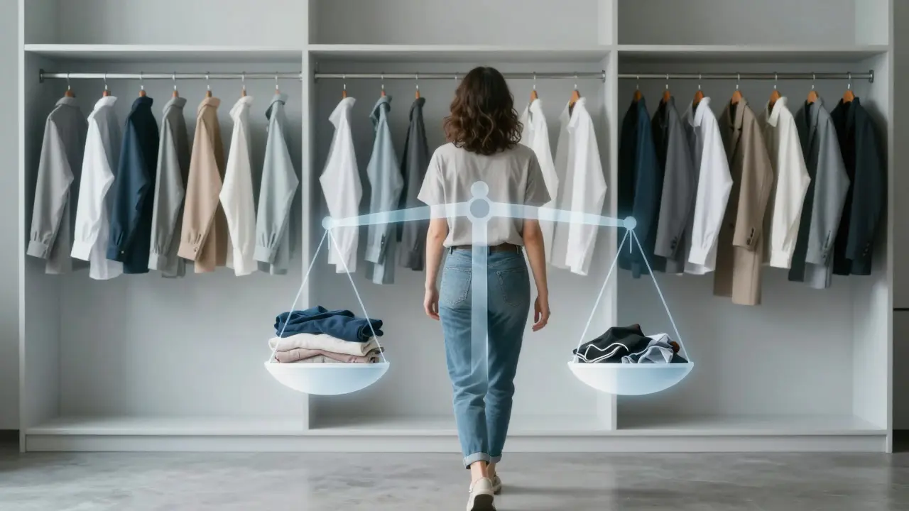 Person walking away as a cluttered closet transforms into a streamlined capsule wardrobe with a balance scale overlay.