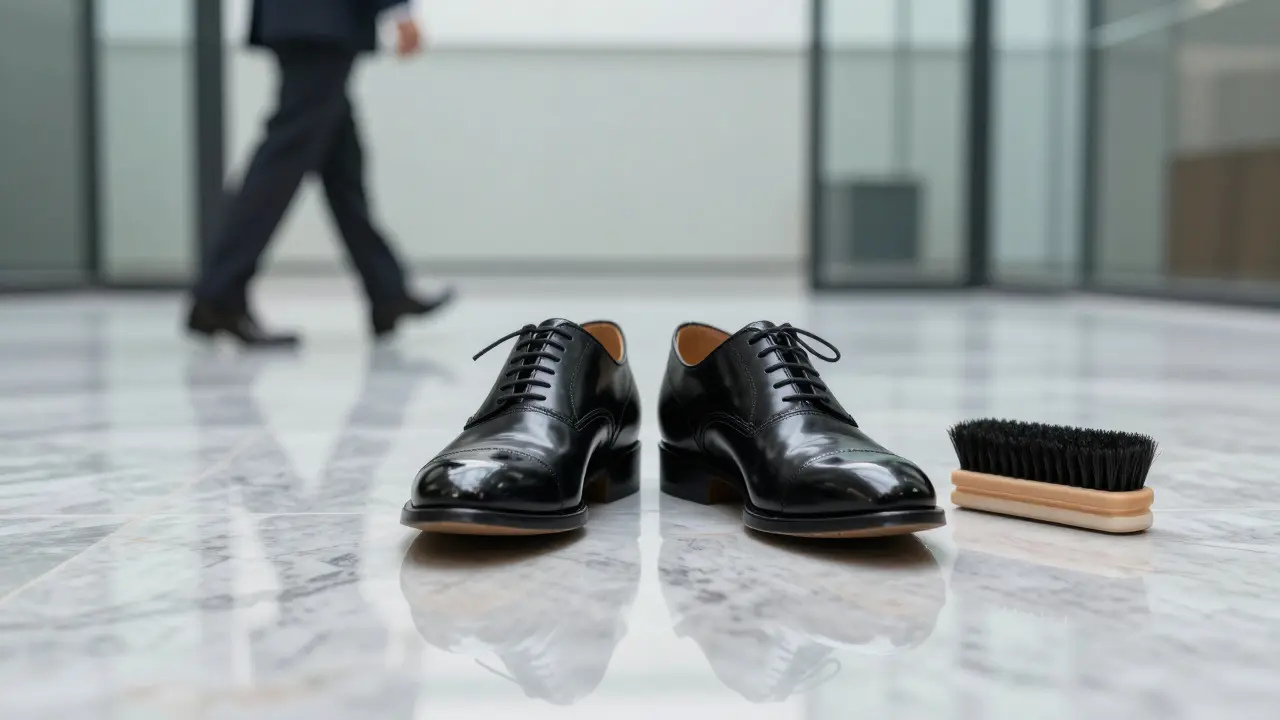 Polished black oxford shoes reflect a walking figure, symbolizing decades of meticulous care and quiet professional authority.