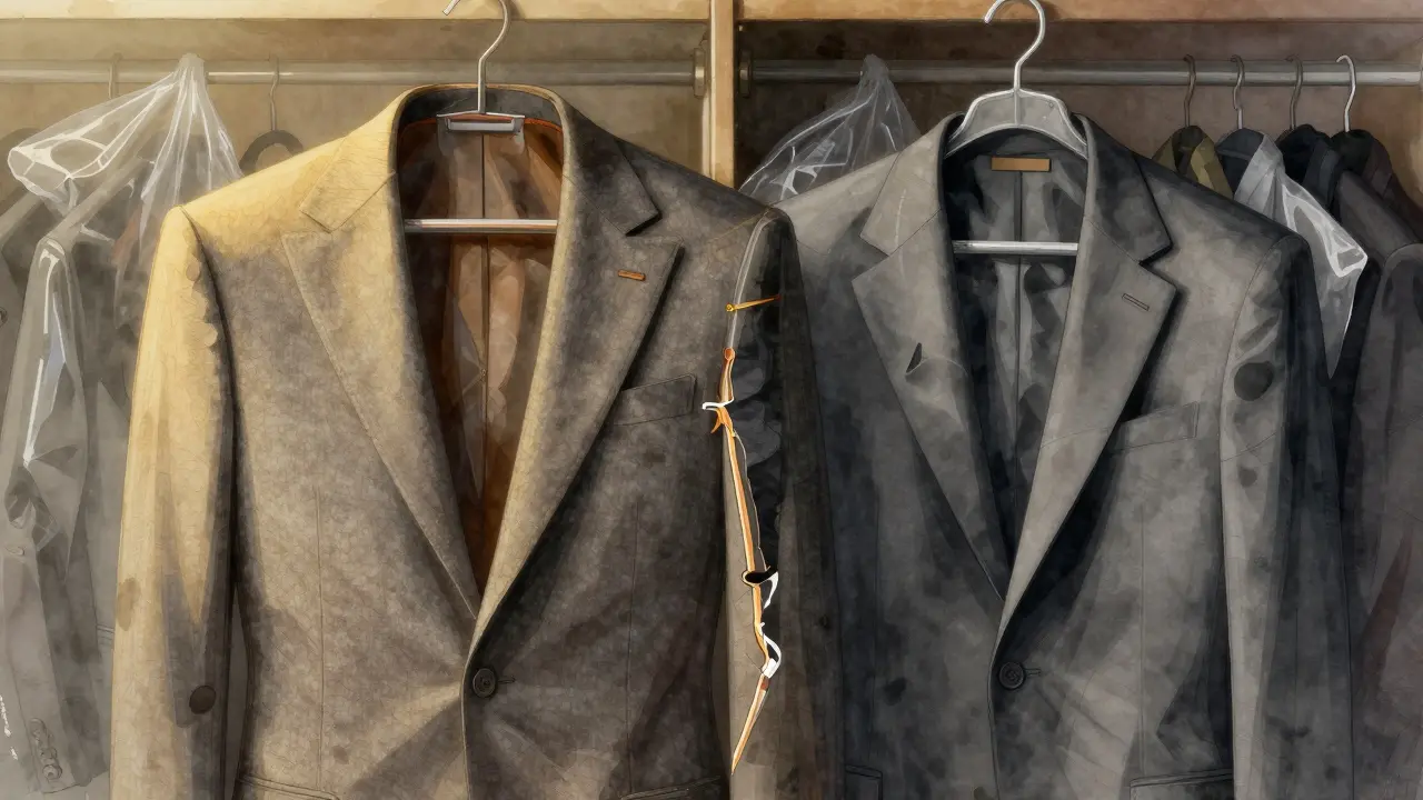 Side-by-side comparison of a properly stored suit versus a damaged one in a cluttered closet.