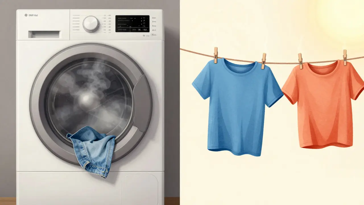 Side-by-side: shrunken clothes in dryer vs. intact garments air-drying in sunlight.