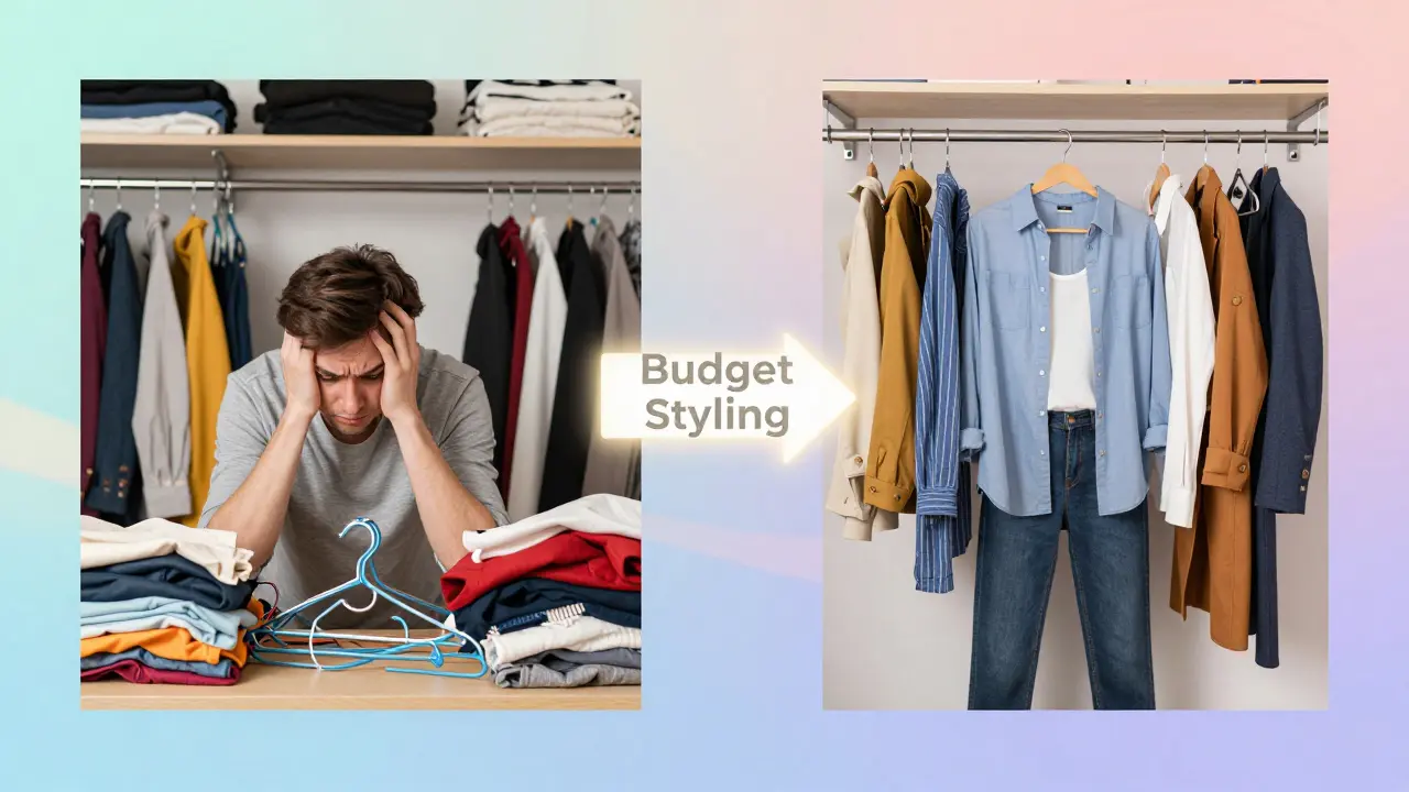 Split image showing chaotic closet transforming into organized, styled wardrobe
