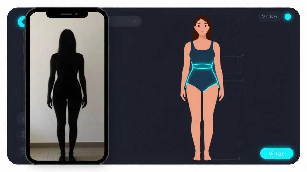 Split-screen digital interface showing smartphone body scan transforming into a 3D model with precise garment measurements overlaid.