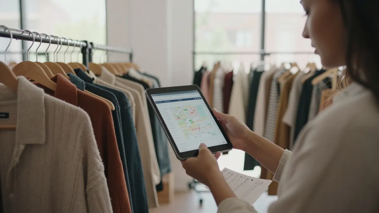 Stylist selecting curated clothing in a warehouse with digital trend data on tablet.