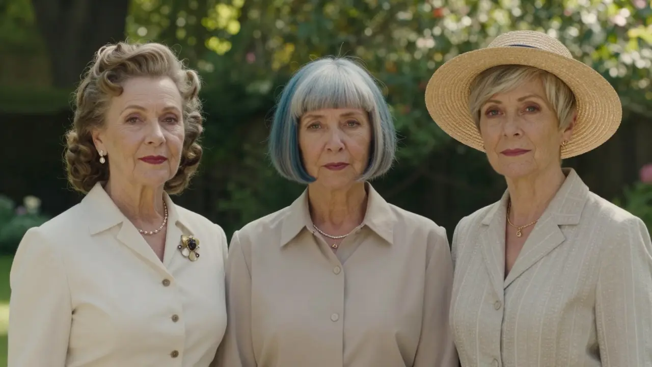 Three aging women styled across decades, standing together in a garden, elegant and unified.