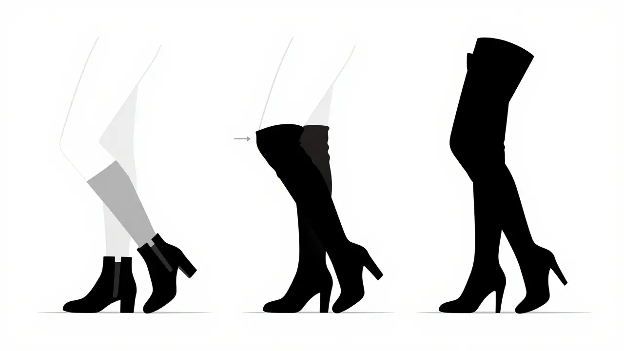 Three female silhouettes showing how different heel heights affect leg proportion and posture.