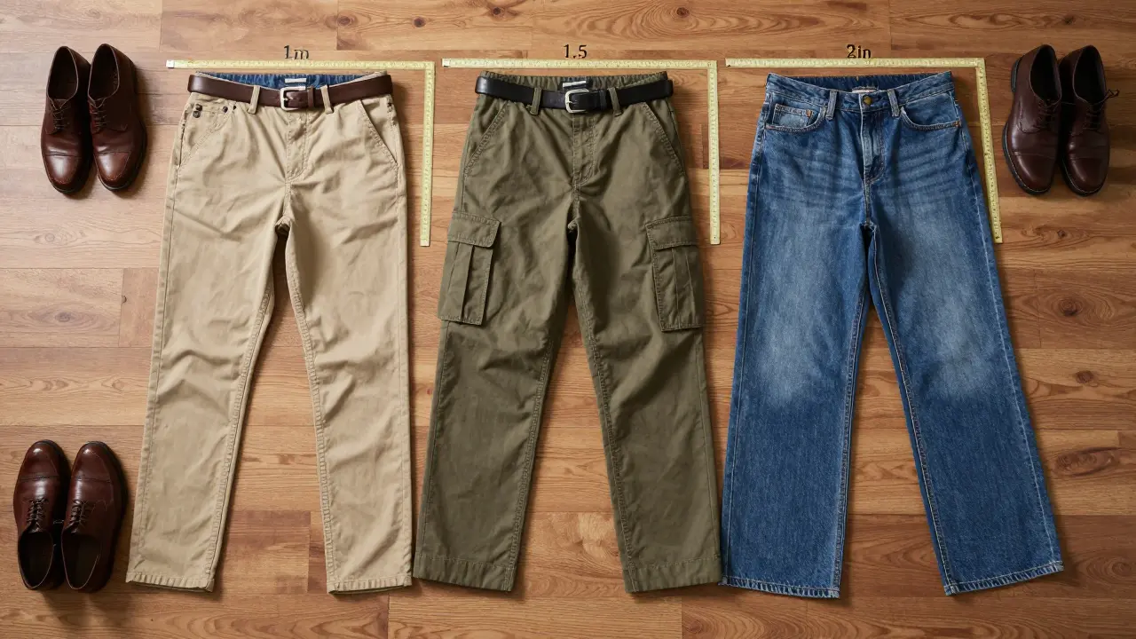 Three types of pants each paired with their ideal belt width and matching shoes on wood floor.