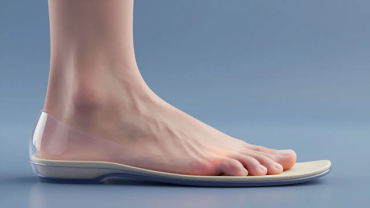 Transparent shoe showing internal support for a bunion with proper alignment and cushioning.