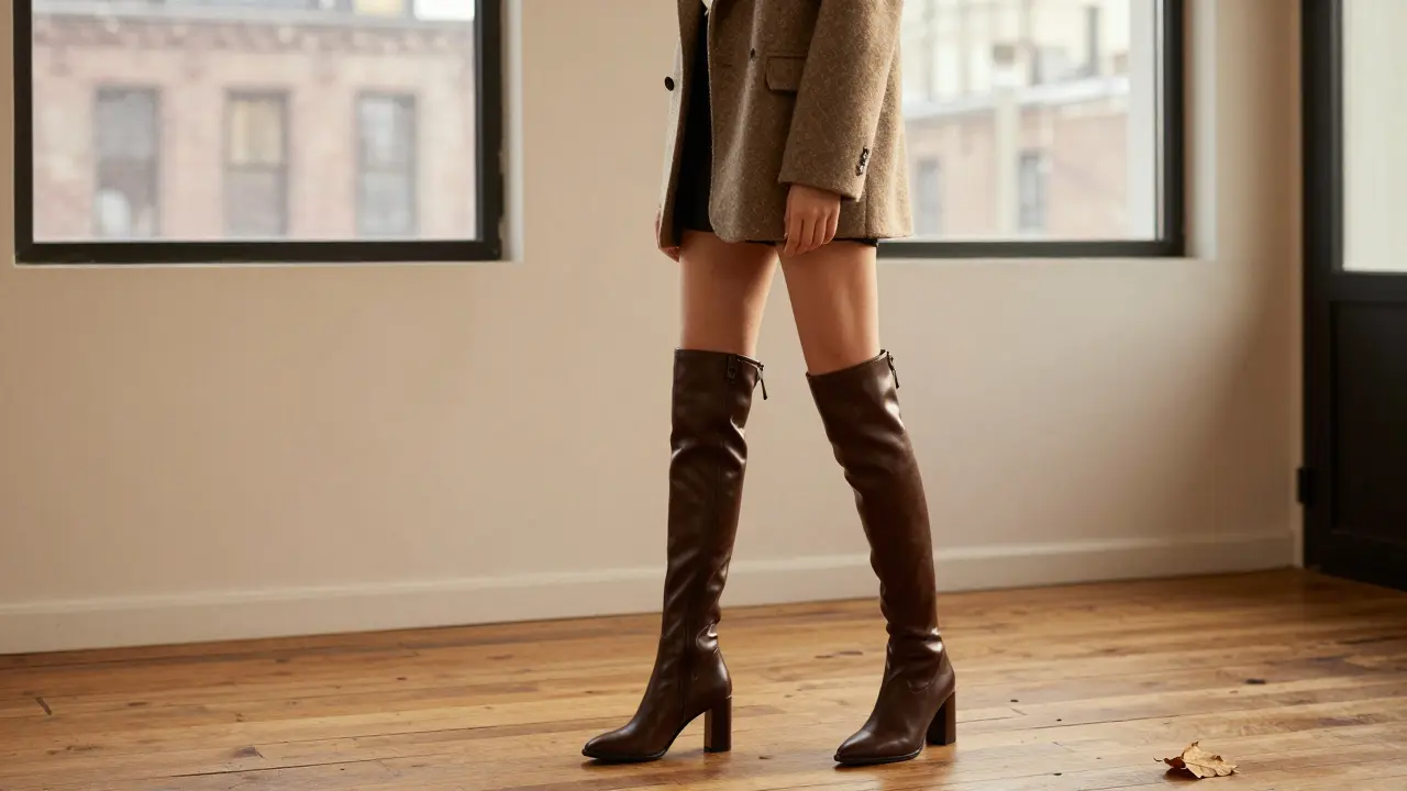 Woman in over-the-knee boots and mid-thigh coat standing in minimalist loft with natural light.