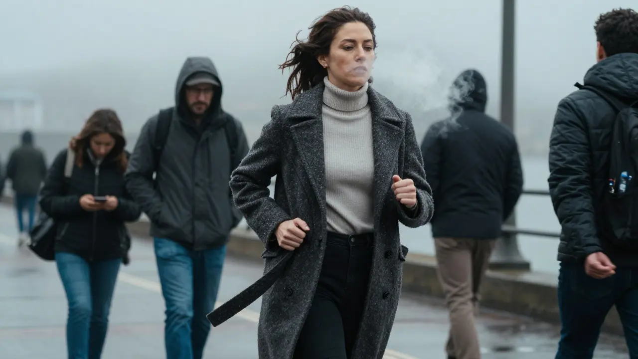 Woman walking confidently through urban fog while others shiver in damp cotton clothes.