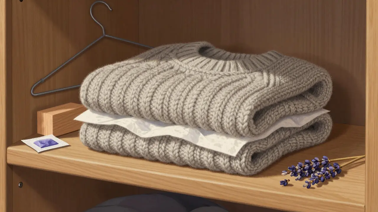 Wool sweater folded with tissue paper and cedar blocks on a wooden shelf.