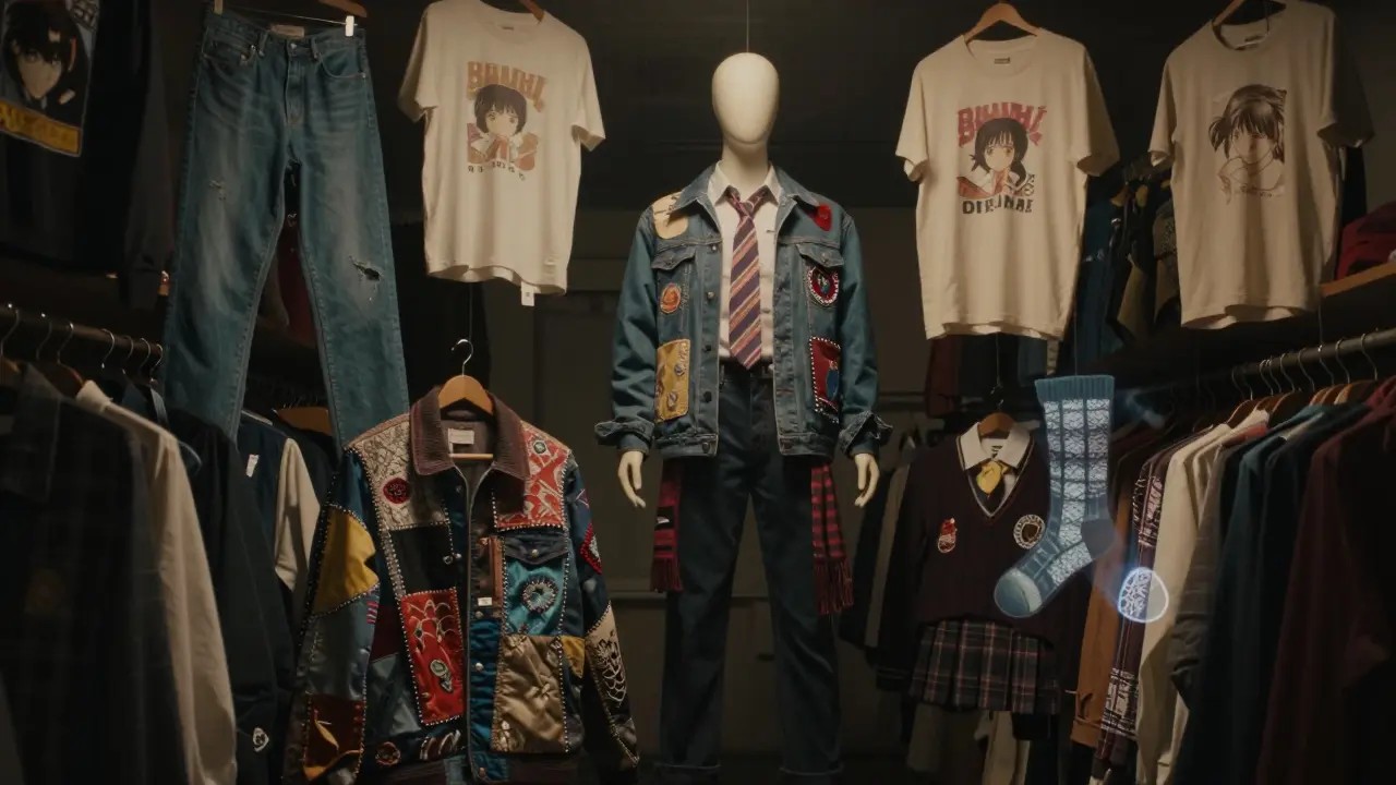 A mannequin in a patchwork Harajuku jacket surrounded by floating vintage clothing in a dim thrift store, symbolizing memory and upcycled identity.