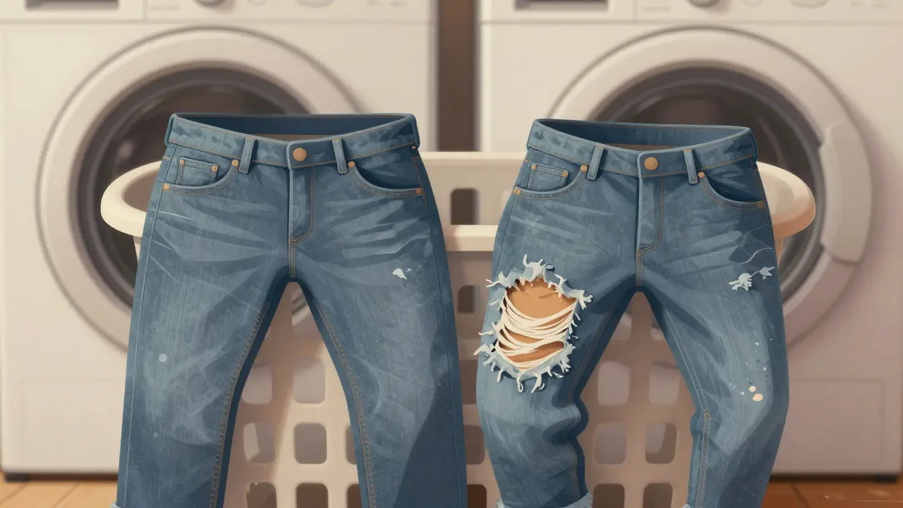 A pair of durable jeans compared to a worn-out cheaper pair on a laundry basket.