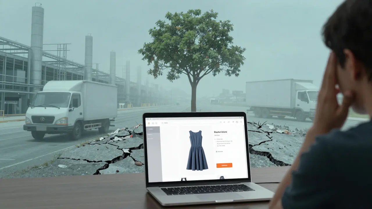 A person hesitates to return an online purchase as ghostly images show its environmental journey.