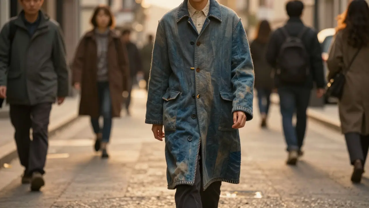 A person in a handcrafted wool coat walks alone through a city, their textured clothing standing out against uniform fast-fashion crowds.