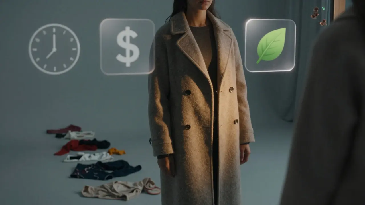 A person wearing a long-lasting coat with symbols of time, money, and environment floating around.