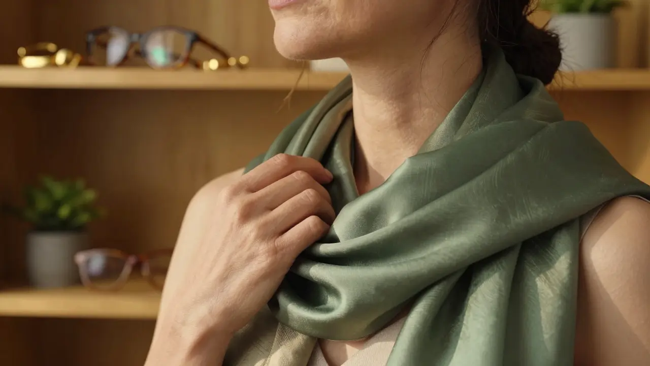 A silk moss green scarf draped gently over an aging neck with gold jewelry nearby in warm sunlight.