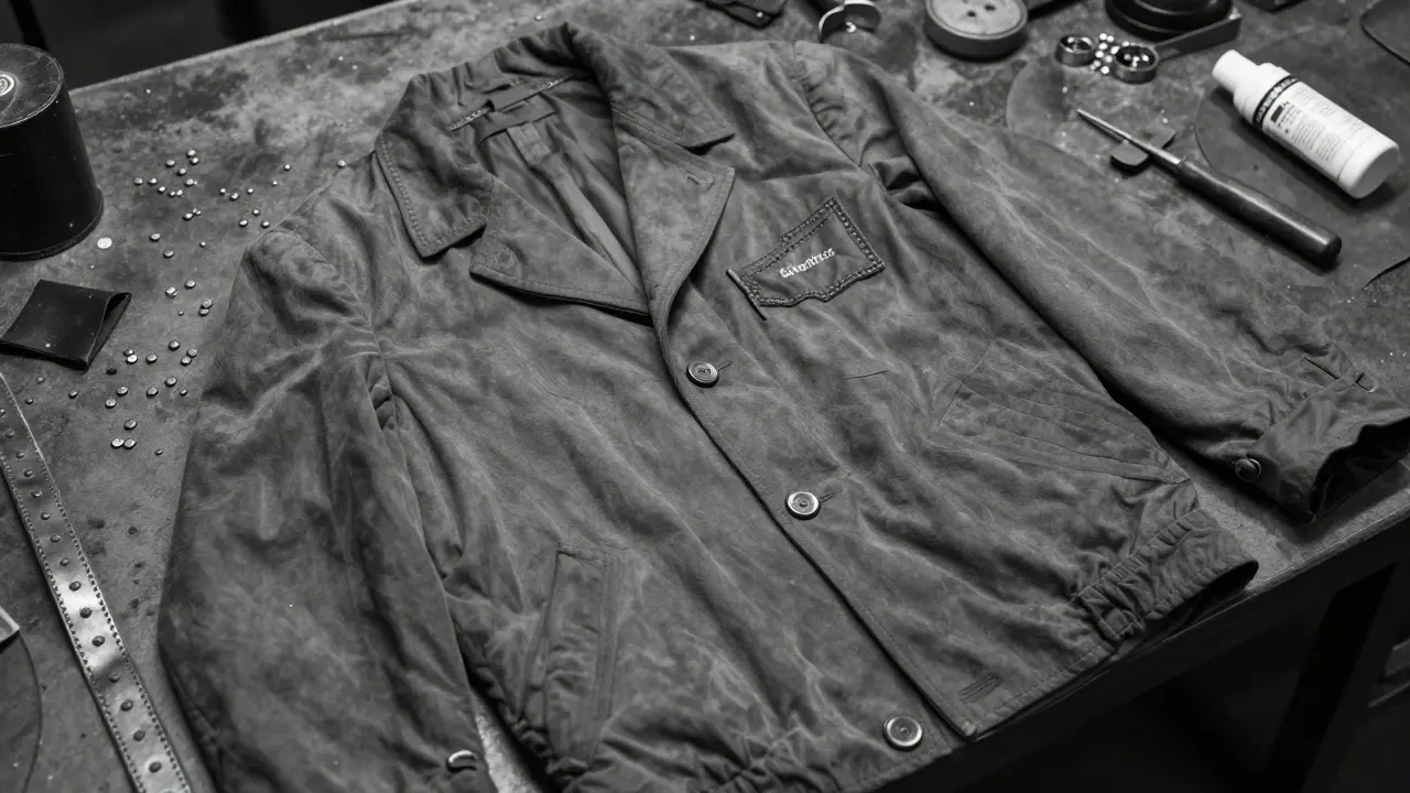 A vintage leather biker jacket laid open on a workbench with hand-forged hardware and leather tools nearby.