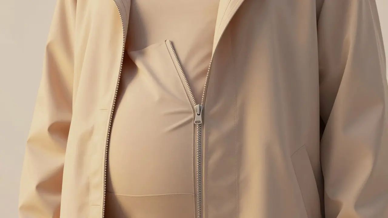Close-up of a maternity coat's zip-over mechanism expanding gently over the belly, showing stretch panel and structured outer shell.
