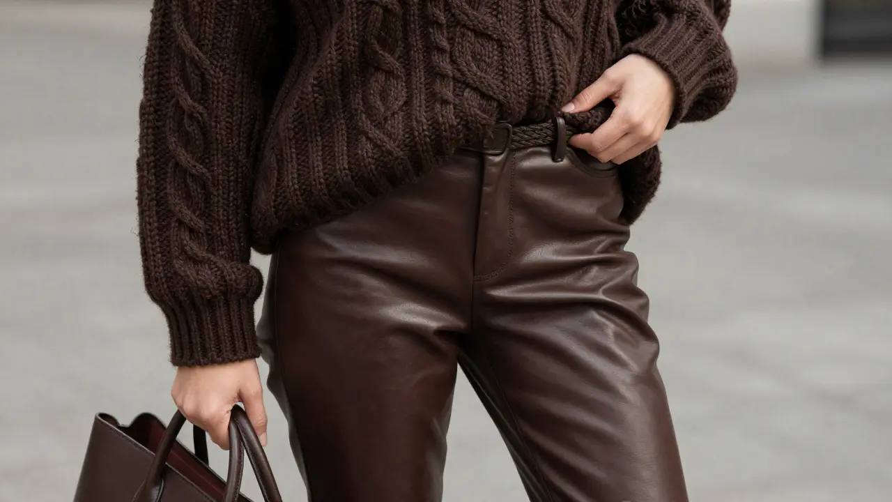 Close-up of chunky knit sweater and leather pants in deep brown, highlighting material contrast.
