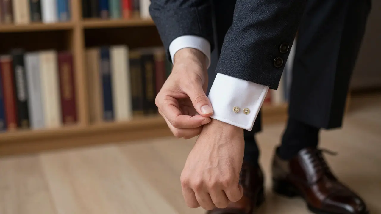 Close-up of professional hands adjusting a cufflink, with refined fabric and leather shoes visible in the background.