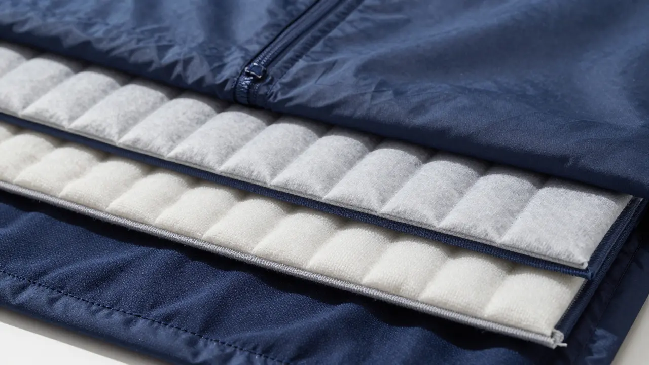 Close-up of three technical fabric layers: base, mid, and outer, showing thin, efficient insulation.