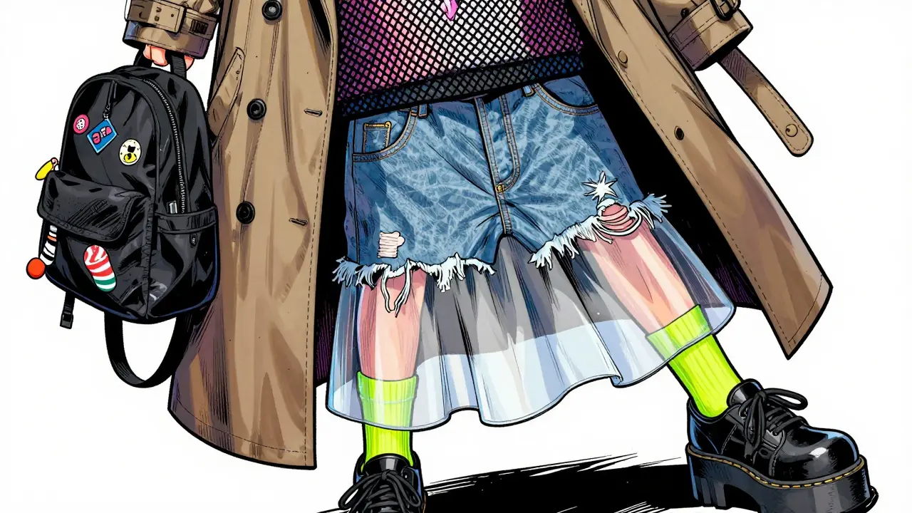 Comic book-style close-up of layered Harajuku fashion: mesh top, hoodie, trench coat, sheer skirt, neon socks, and chunky shoes with patches and pins.