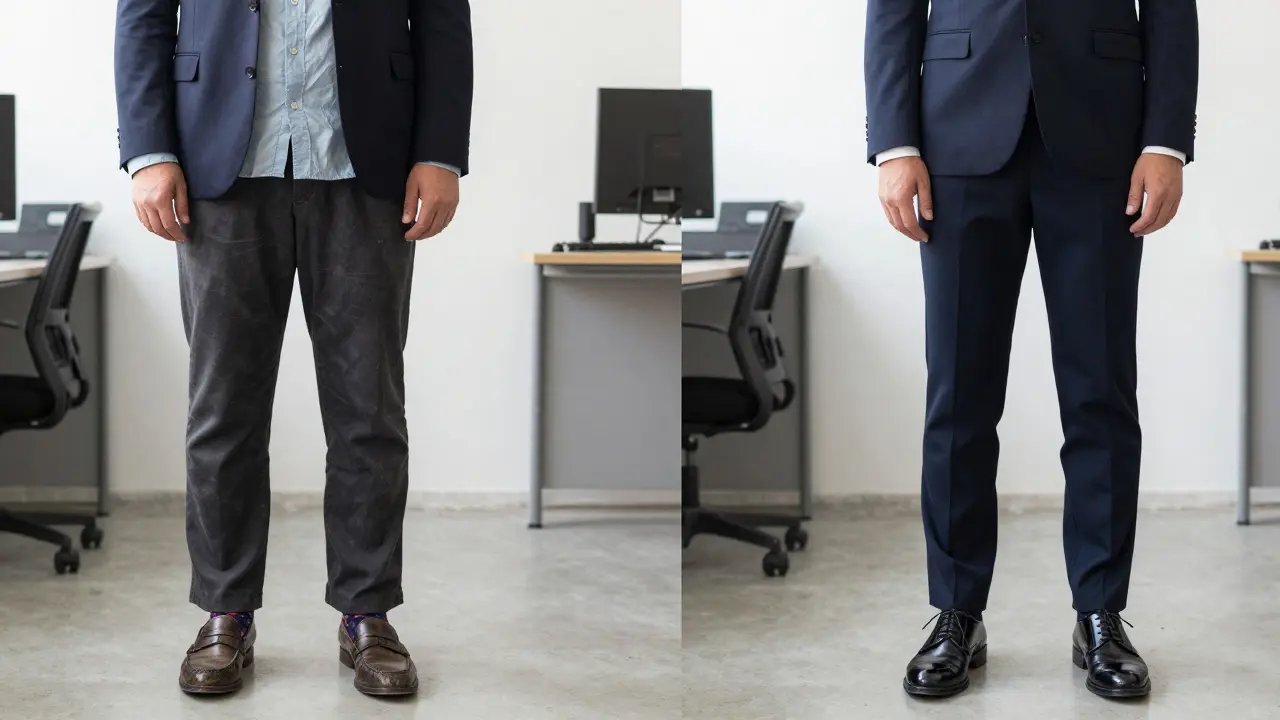 Contrast between poorly fitted business attire and perfectly tailored professional outfit in an office setting.