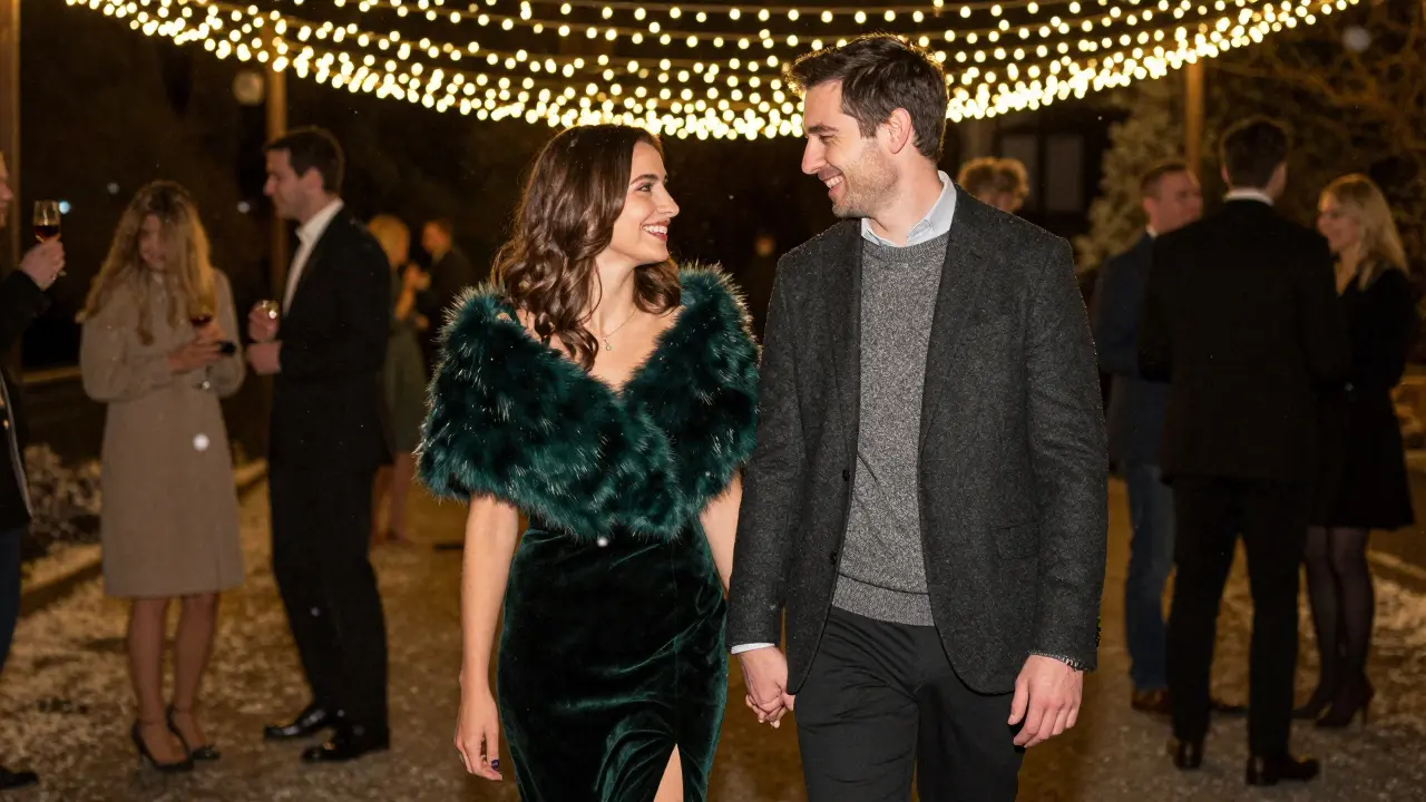 Couple in elegant winter cocktail attire under fairy lights with snow falling softly.
