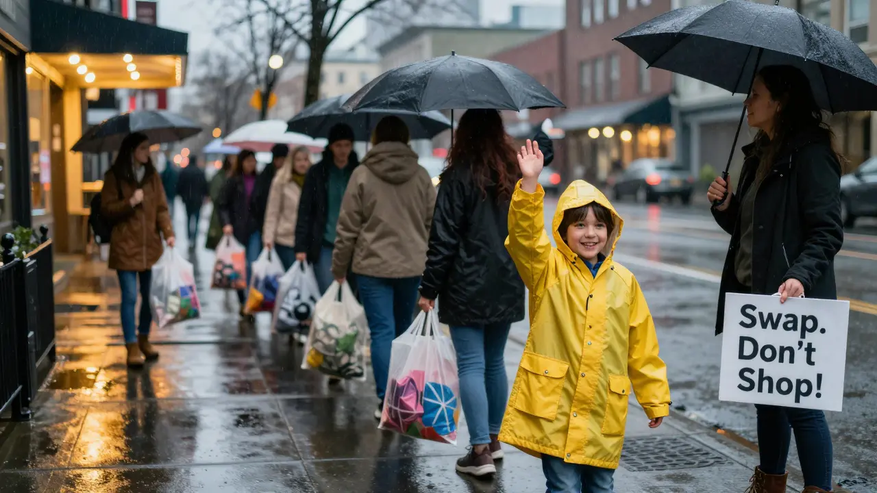People carrying bags of clothes toward a lit community center on a rainy Seattle evening.