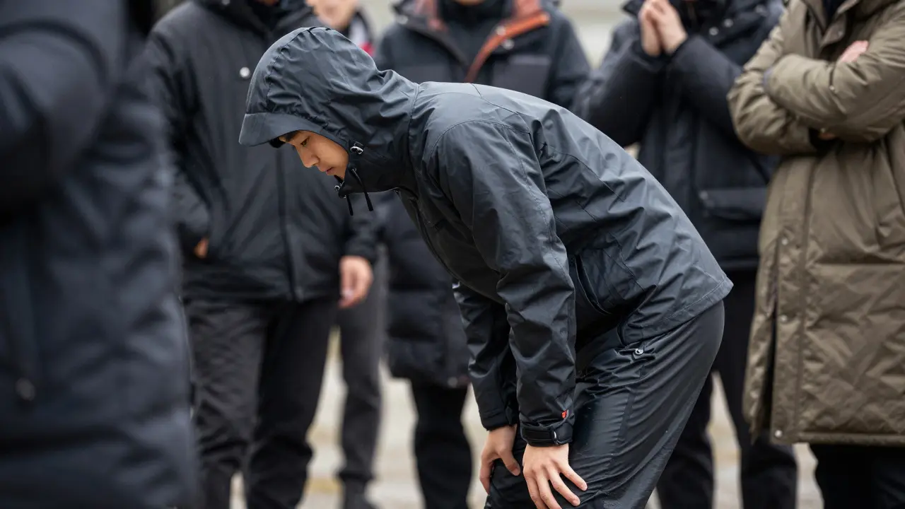 Person leaning forward in windproof layers, showing seamless fit with no gaps or exposure.