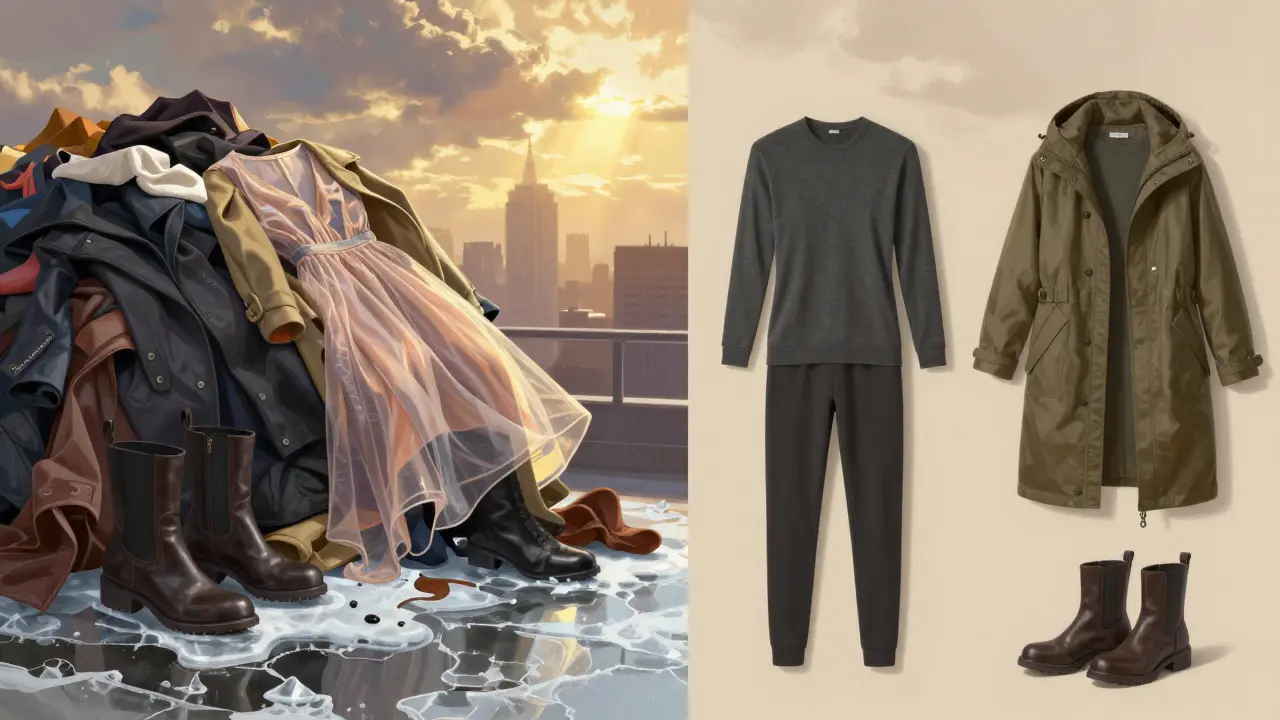Split image showing discarded fashion trends on one side and functional climate-appropriate clothing on the other.