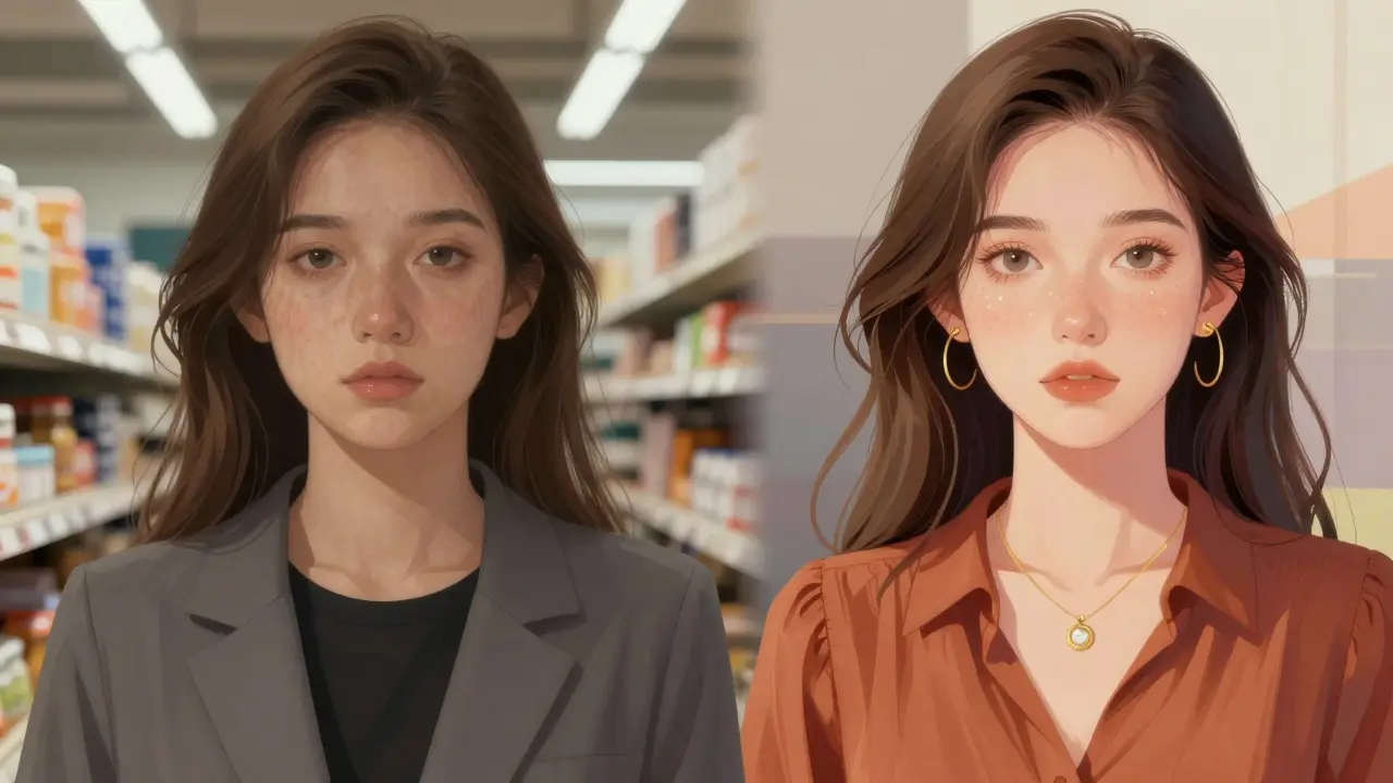 Split portrait: dull skin under fluorescent light vs. radiant skin in natural light with warm clothing.