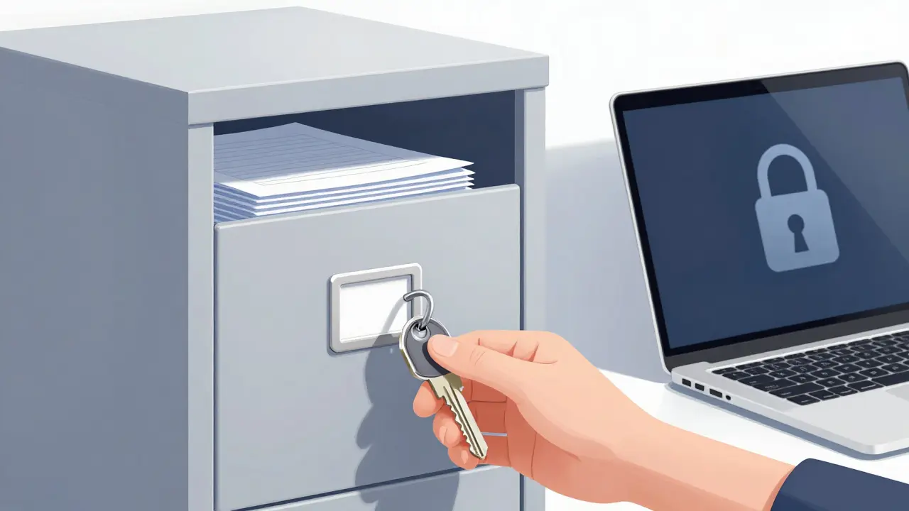 Stylist locking documents in cabinet with key, laptop showing padlock icon for secure storage.