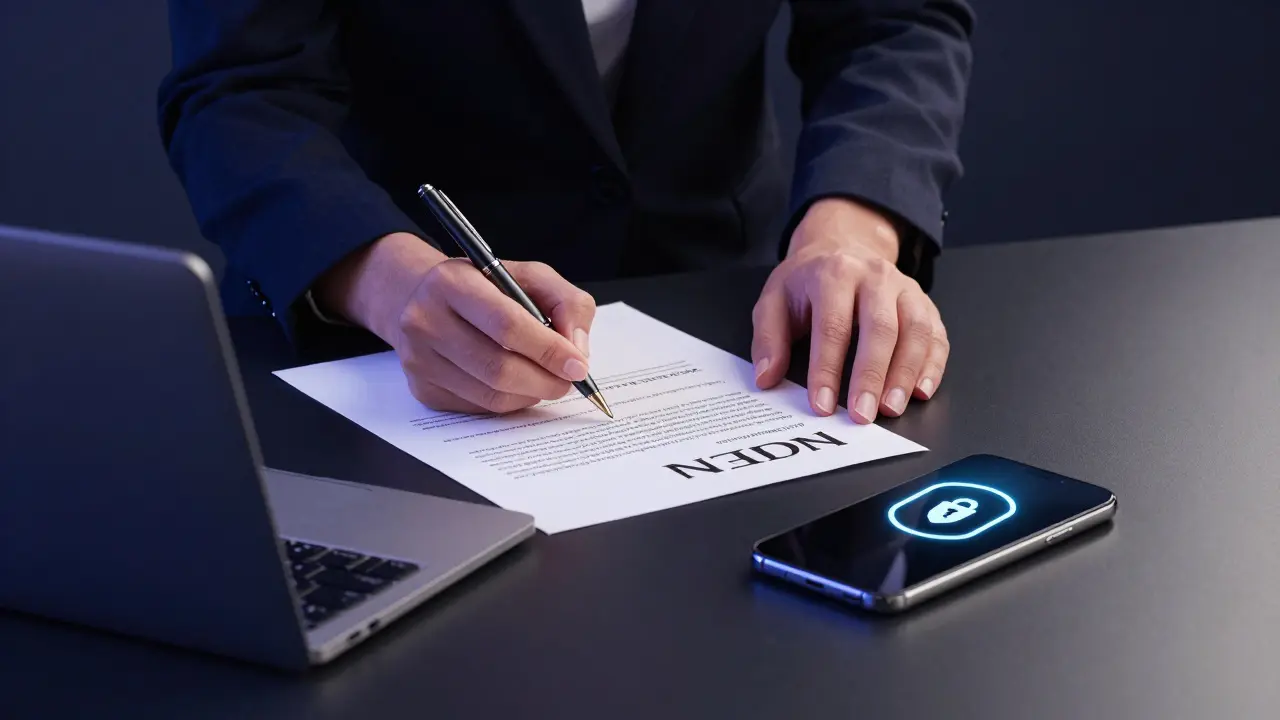 Stylist signing NDA in studio, smartphone with encryption symbol for client privacy.