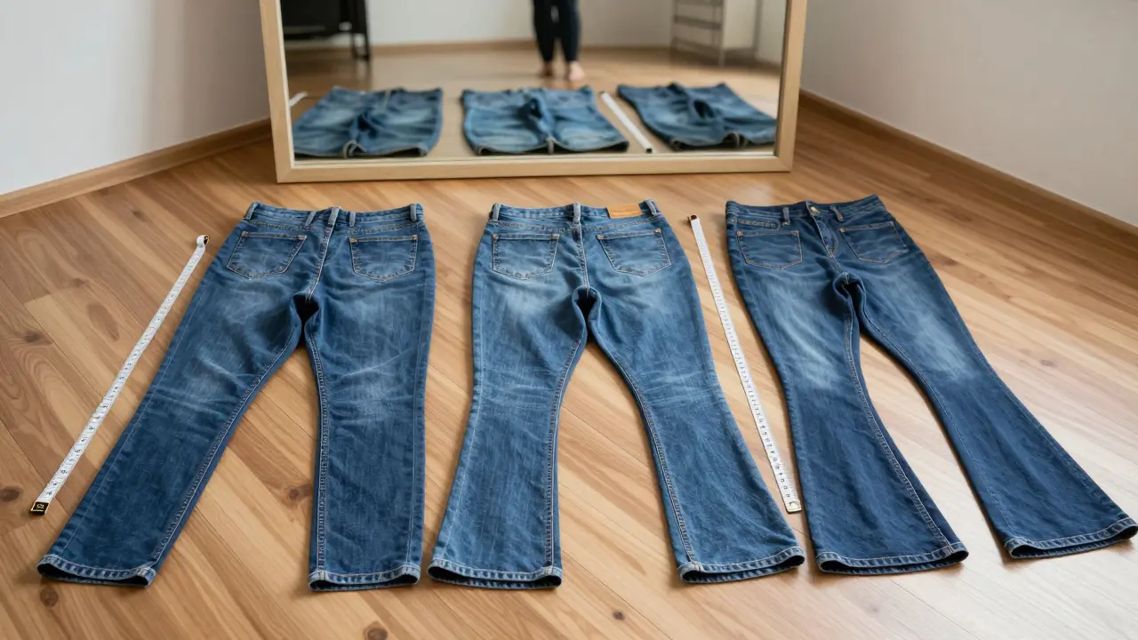 Three plus-size denim styles laid out with rise and stretch labels, reflecting a woman's silhouette in a mirror.