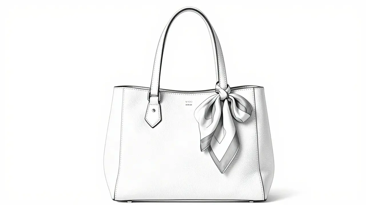 Tote bag with silk scarf wrapped around handles in triangle fold