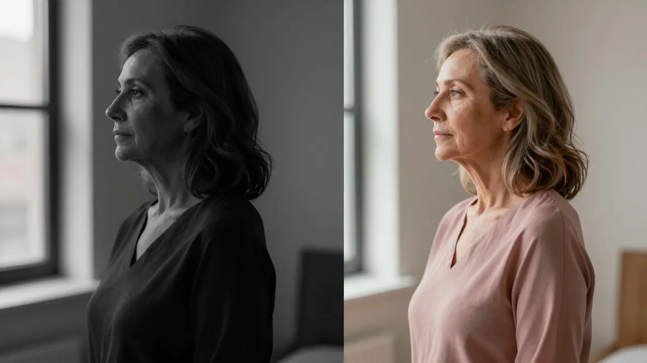 Two women side by side: one in stark black and white, the other in soft tonal layers, showing color impact on mature skin.