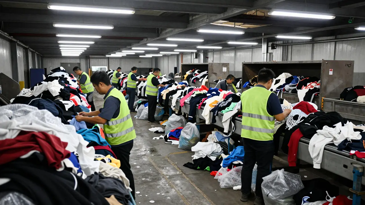 Warehouse workers sort through piles of damaged returned clothing under harsh fluorescent lights.