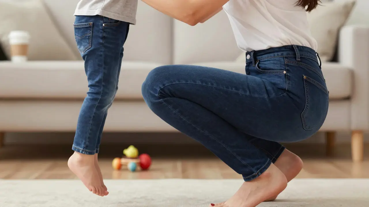 Woman squatting comfortably in straight-leg curvy-fit jeans with deep pockets, matte dark wash, no shiny seams.