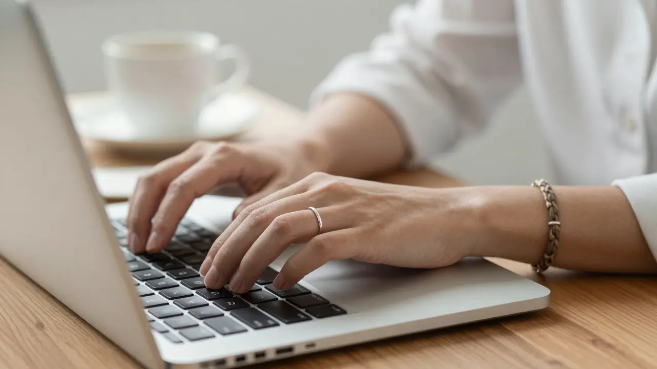 A hand typing on a laptop with a delicate ring and leather bracelet visible.