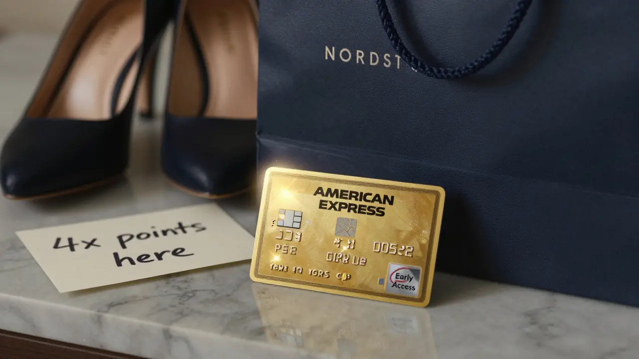 A luxury credit card beside designer shopping items with digital reward points glowing above it.